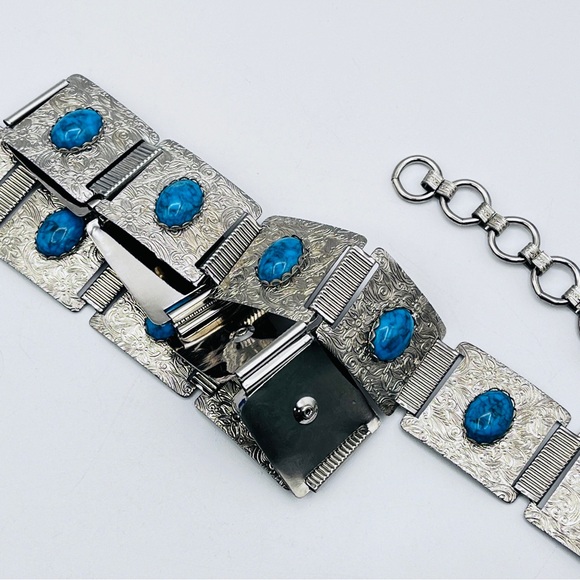 Vintage Faux Turquoise Square Concho Silver Tone Link Belt 27-34 - Picture 6 of 6